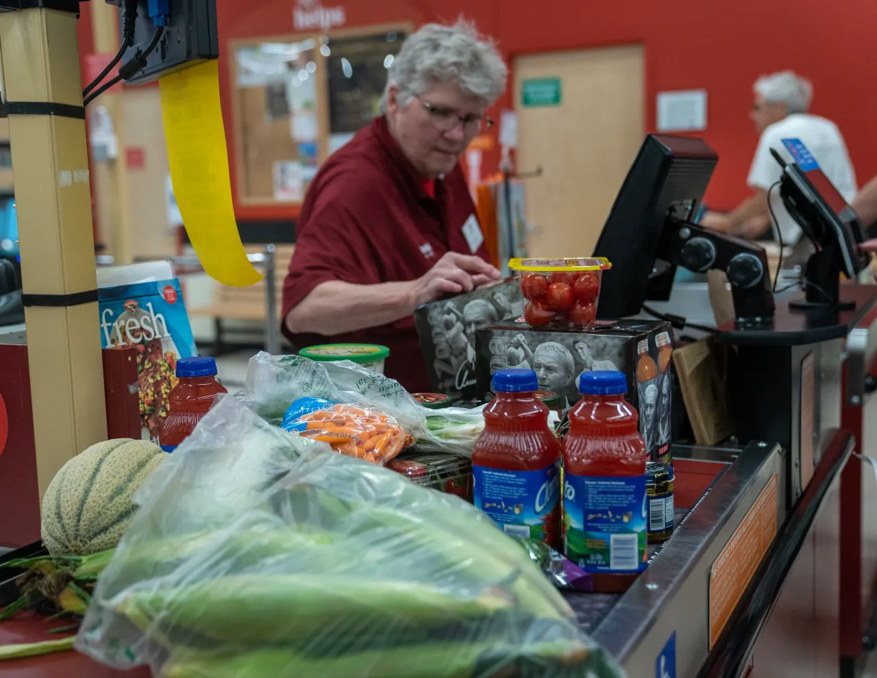 Customers checkout groceries at a Hannaford supermarket on July 1, 2023 in South Burlington, Vermont. (Photo by Robert Nickelsberg/Getty Images)