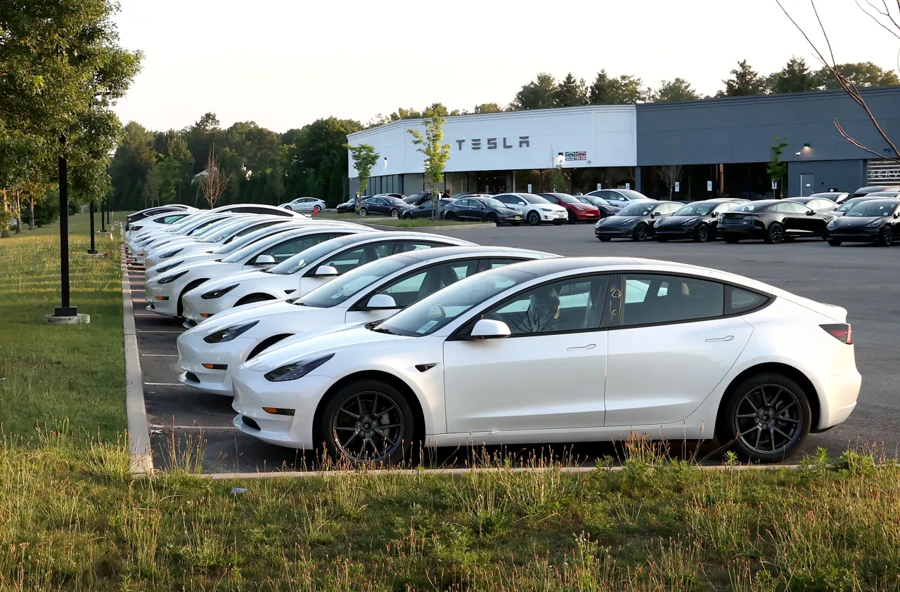 New Tesla electric vehicles fill the car lot at the Tesla retail location on Route 347 in Smithtown, New York on July 5, 2023. (Photo by John Paraskevas/Newsday RM via Getty Images)