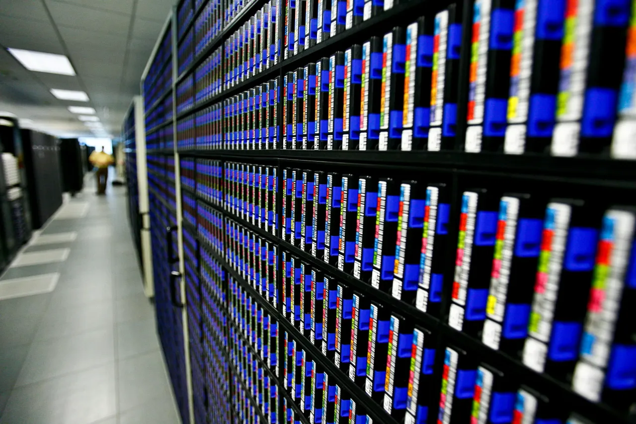 Tape cartridges line a wall near the mainframe computers at the BMC Software main building Thursday, Feb. 19, 2009, in Houston. (Photo by Michael Paulsen/Houston Chronicle via Getty Images)