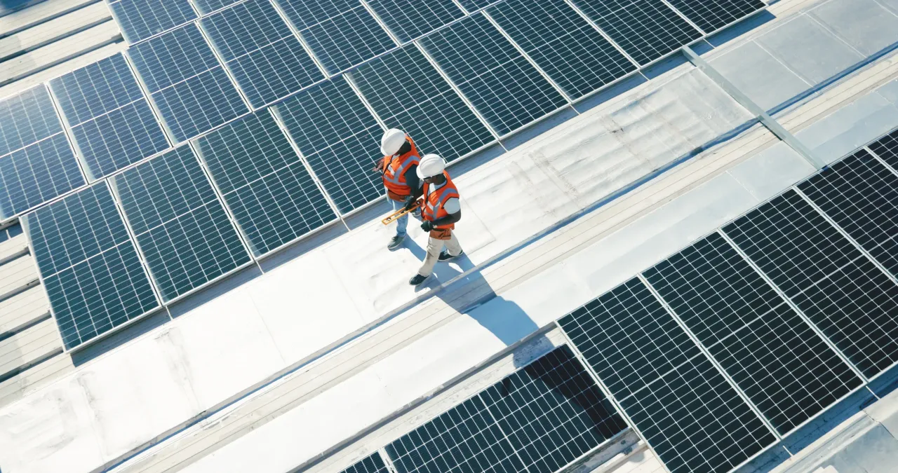 Two solar industry workers walk in between row of panels.