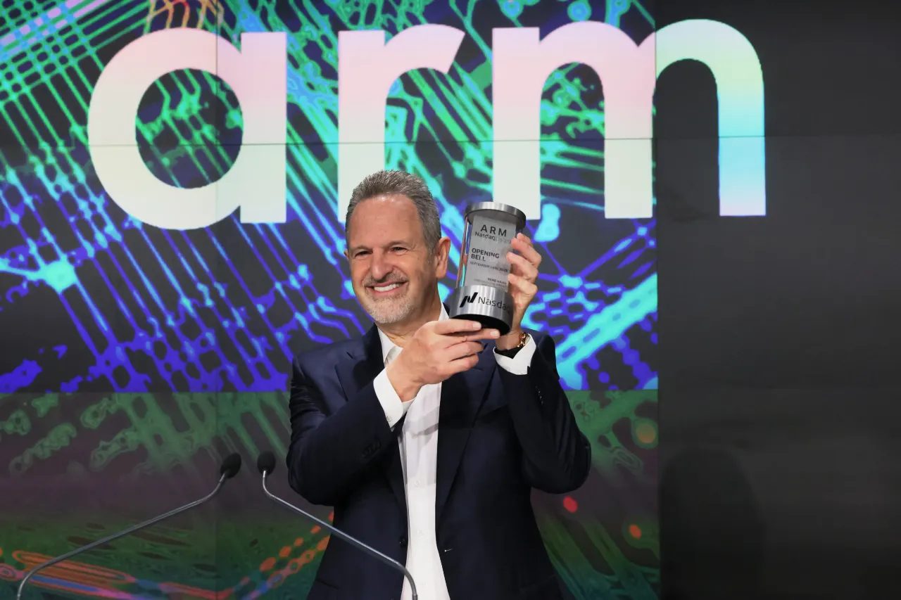 Arm Holdings CEO Rene Haas poses with the Opening Bell Crystal at the Nasdaq MarketSite in New York City. (Photo by Michael M. Santiago/Getty Images)