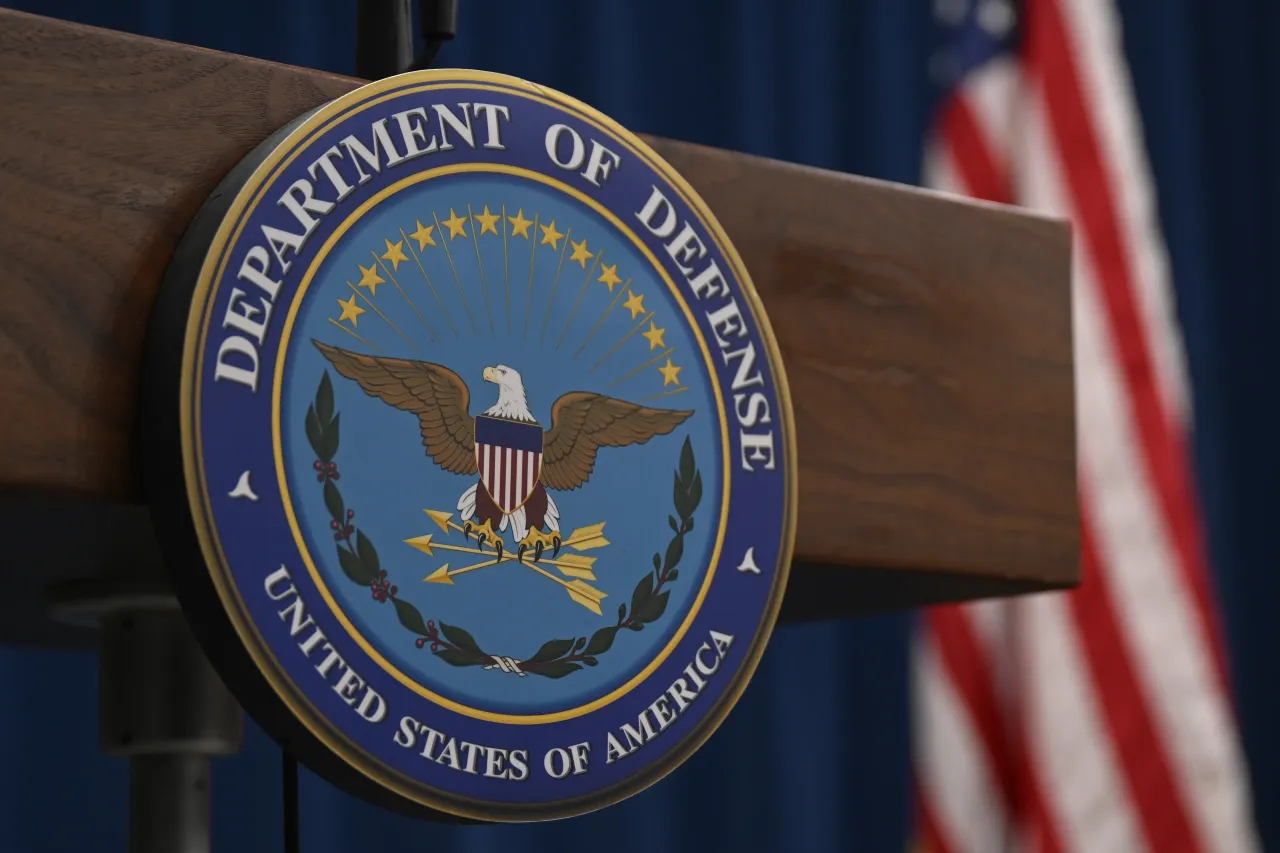 Pentagon logo is seen ahead of a press conference at the Pentagon in Washington D.C., United States.