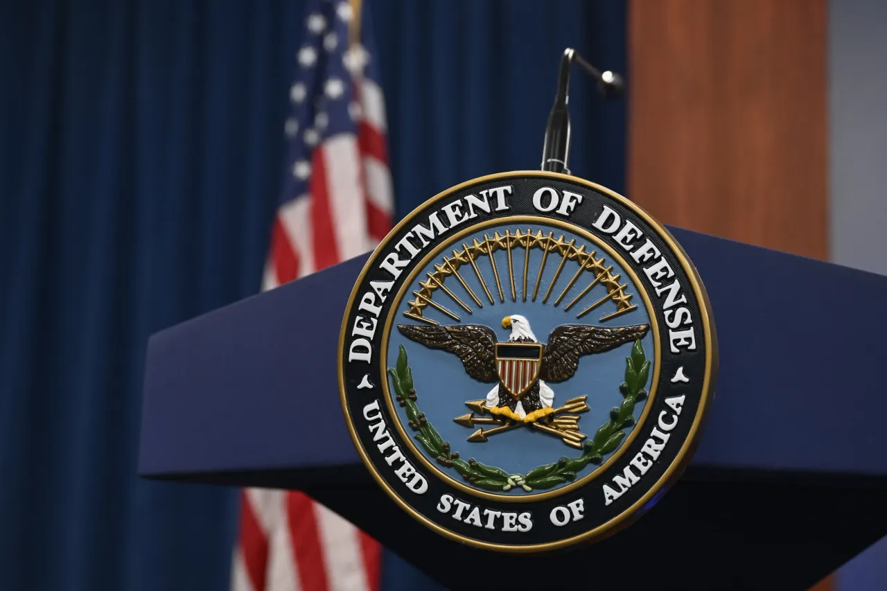 Pentagon logo is seen ahead of a press conference at the Pentagon in Washington D.C., United States on October 17, 2023.