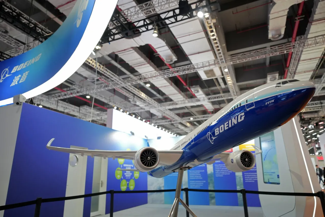 A model of Boeing's 777X passenger jet is displayed at the 6th CIIE in Shanghai, China, November 8, 2023. (Photo by Costfoto/NurPhoto via Getty Images)