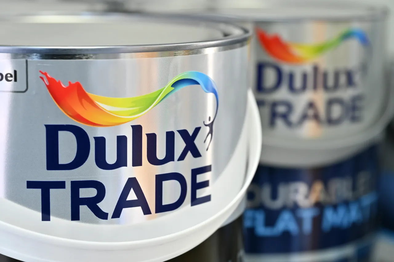 A general view of The Dulux logo on a can of Trade paint on January 18, 2024 in Southend, United Kingdom. 