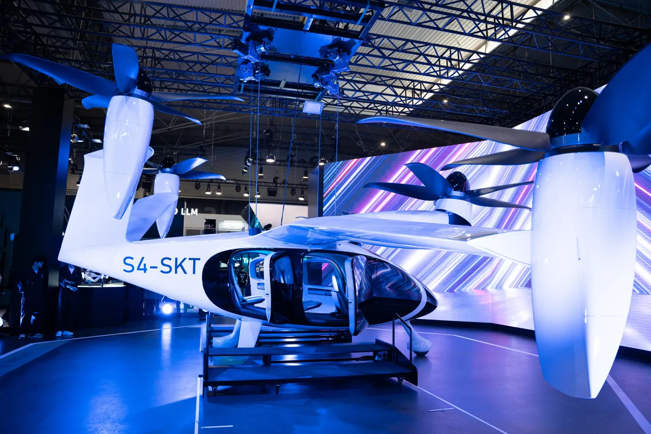 SK Telecom is presenting the SK Telecom air taxi, developed by the American company Joby Aviation, at the Mobile World Congress in Hospitalet de Llobregat, Barcelona, Spain, on February 26, 2024.
