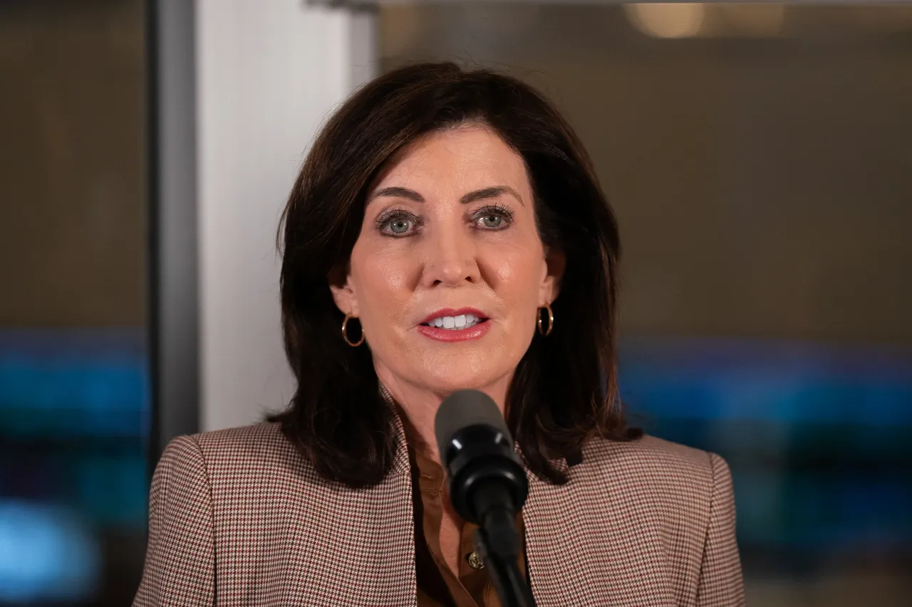 New York Governor Kathy Hochul speaks during a press conference.