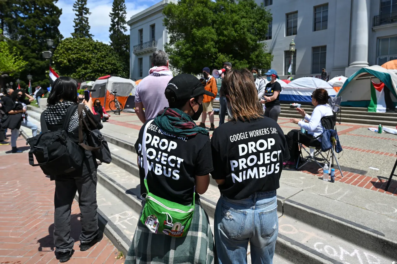 Former Google employees speak about Google's Project Nimbus as Pro-Palestinian UC Berkeley students set up encampment on college campus on April 25, 2024. (Photo by Tayfun Coskun/Anadolu via Getty Images)