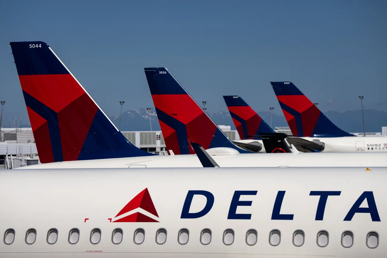 Delta Airlines planes are seen parked at Seattle-Tacoma International Airport.