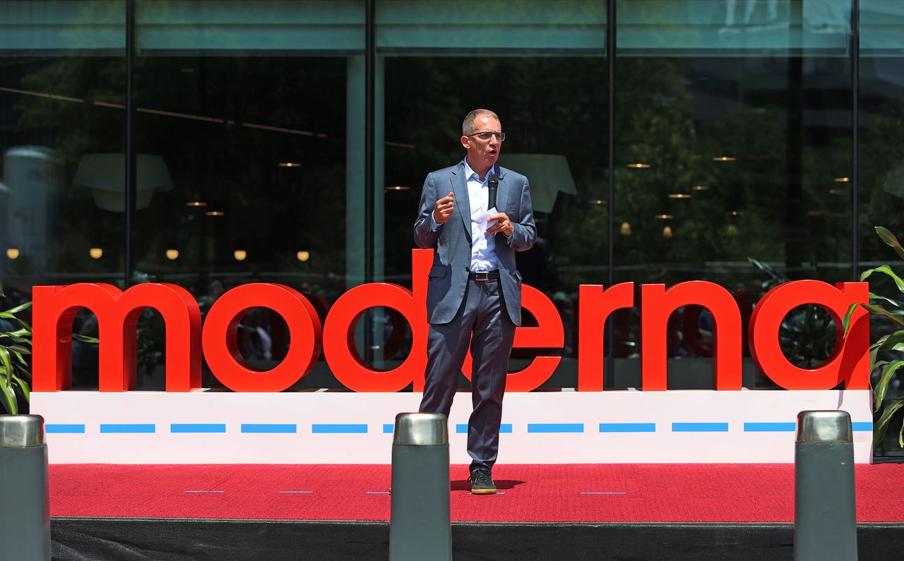 Moderna CEO Stephane Bancel speaks at the grand opening of the company's new headquarters outside Kendall Square. (Photo by David L. Ryan/The Boston Globe via Getty Images)