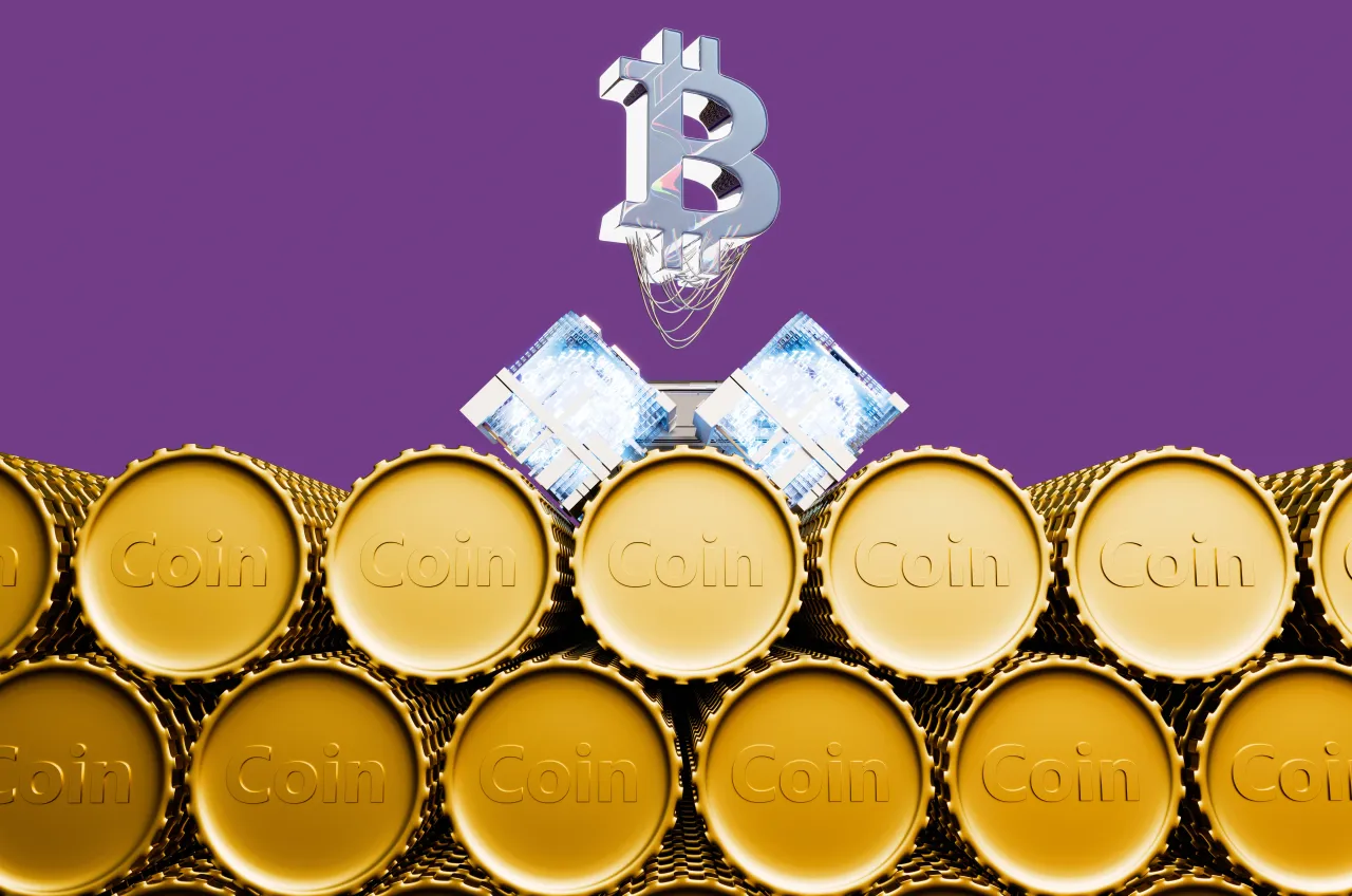 Bitcoin mining machine. Square wheels - symbolize blockchain. Field of coins - coin mining. Robot moves by rolling square wheels on semicircular coins. 3D rendering illustration.