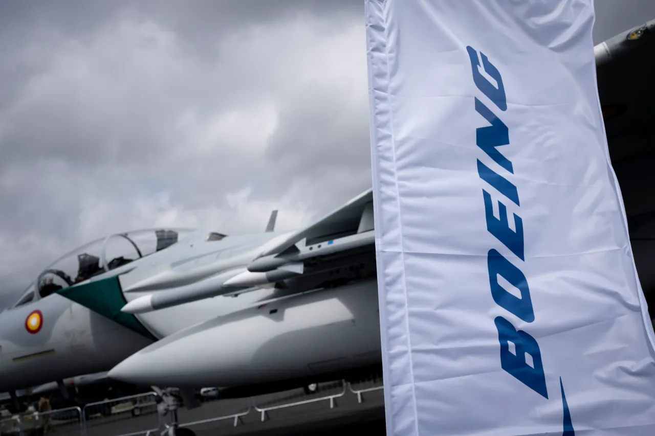 A Boeing banner and an F-15EX jet fighter during the Farnborough International Airshow, on 22nd July 2024, at Farnborough, England. 