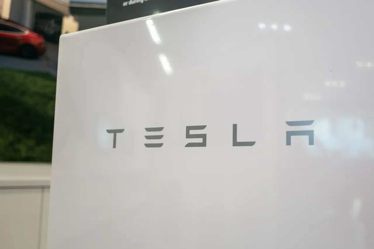 Close-up of Tesla logo on white Tesla Powerwall, San Jose, California, August 3, 2024. (Photo by Smith Collection/Gado/Getty Images)