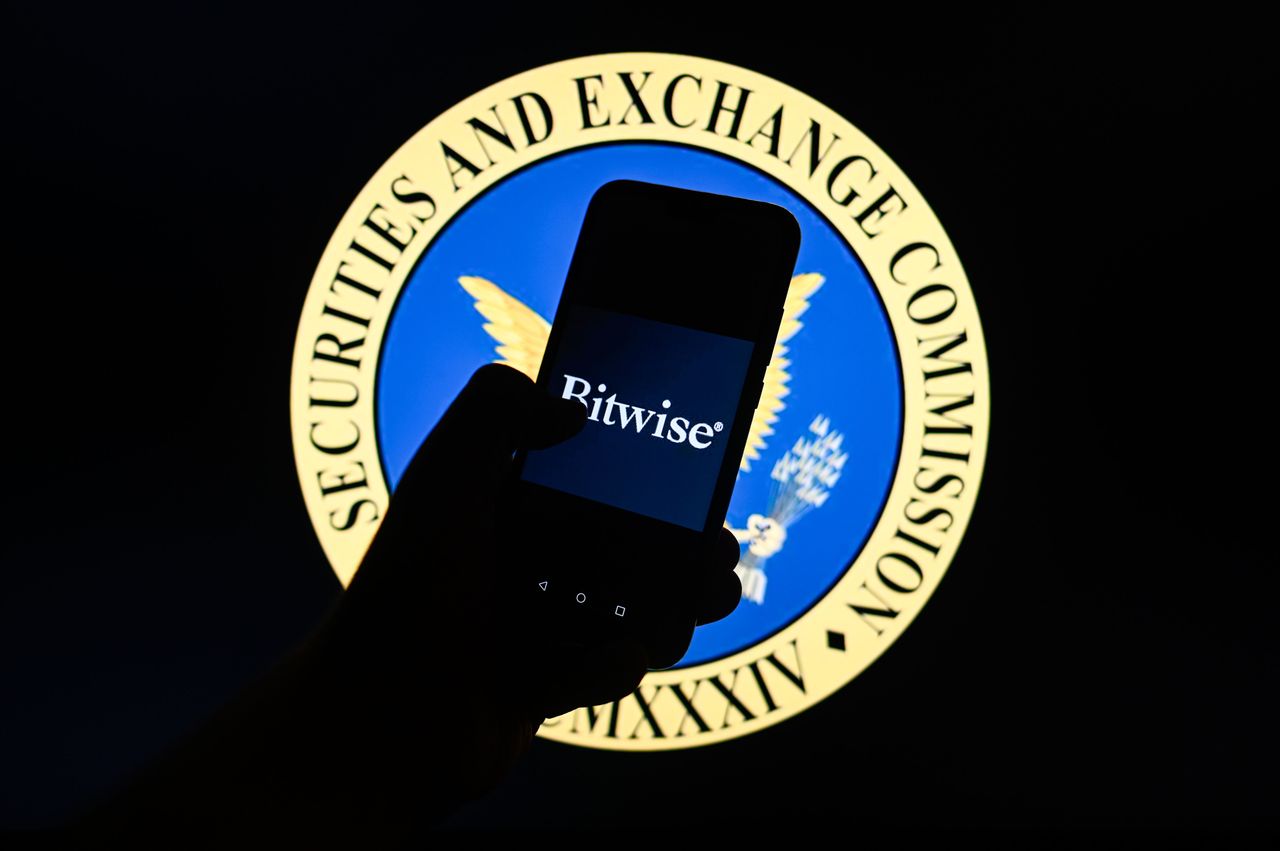 : In this photo illustration, a Bitwise logo is displayed on a smartphone with SEC logo in the background. (Photo Illustration by Omar Marques/SOPA Images/LightRocket via Getty Images)