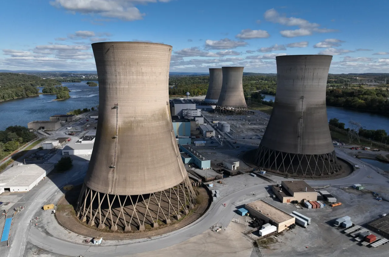 in this aerial view, the shuttered Three Mile Island nuclear power plant stands in the middle of the Susquehanna River on October 10, 2024 near Middletown, Pennsylvania.