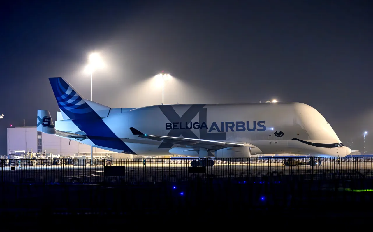 An Airbus Beluga (BelugaXL) freighter arrives at Tianjin Binhai International Airport on October 10, 2024 in Tianjin, China.