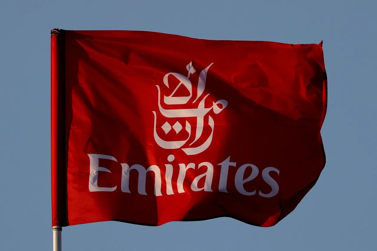 A flag with an Emirates Airline logo on day two of the HSBC SVNS at The Sevens Stadium on December 01, 2024 in Dubai, United Arab Emirates.