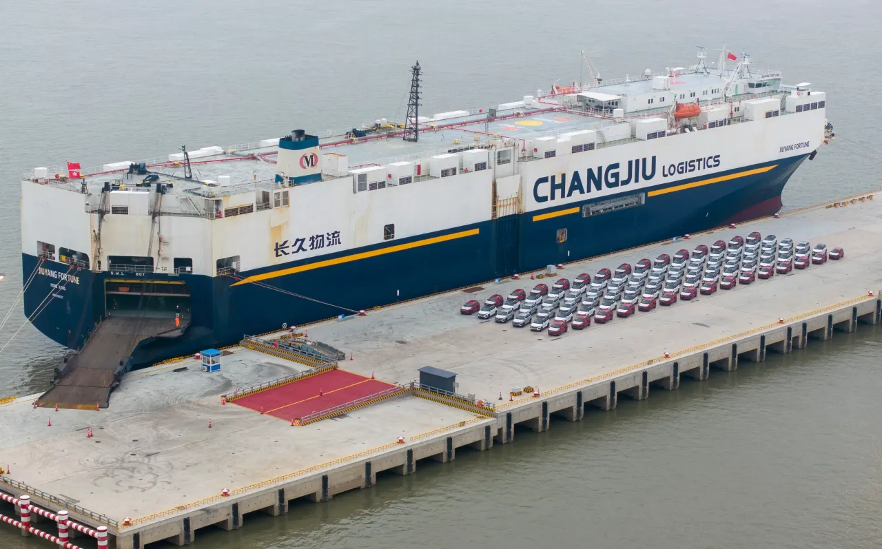 Cars being loaded and unloaded onto a container ship at Taicang Port area in Suzhou, East China's Jiangsu province, on December 12, 2024. (Photo by Costfoto/NurPhoto via Getty Images)