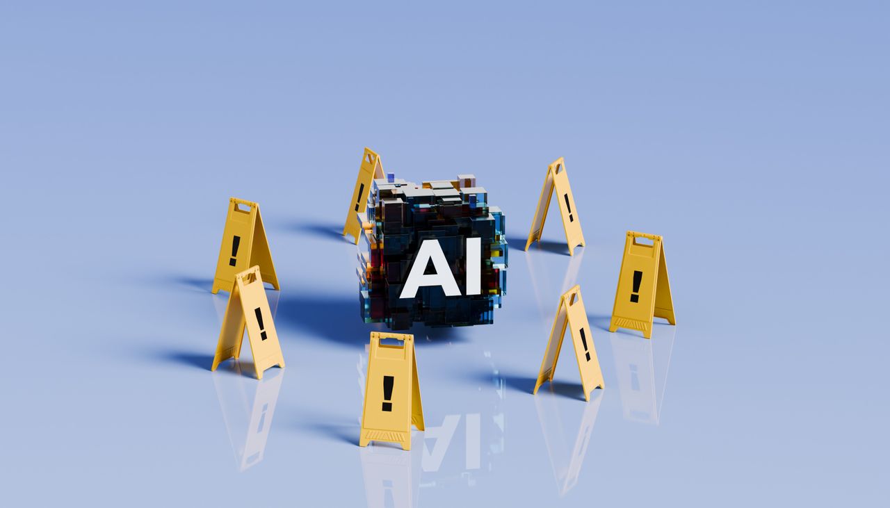 The AI symbol sits at the heart of a circle formed by bright yellow foldable caution signs adorned with exclamation marks. (Source: Getty Images)