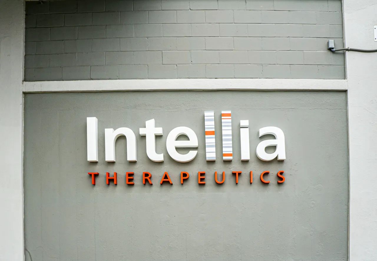 Intellia Therapeutics, building exterior and company sign, Cambridge, Massachusetts, USA. (Photo by: Spencer Grant/GHI/UCG/Universal Images Group via Getty Images)
