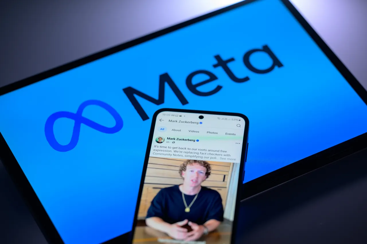 Mark Zuckerberg's personal Facebook account is displayed on a mobile phone with the Meta logo.