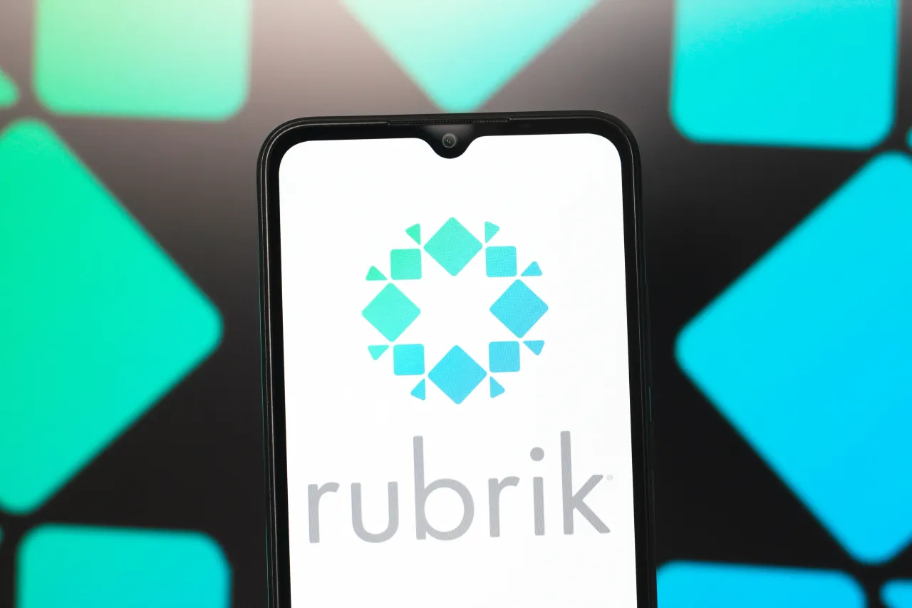 In this photo illustration, the Rubrik logo is seen displayed on a smartphone screen. 