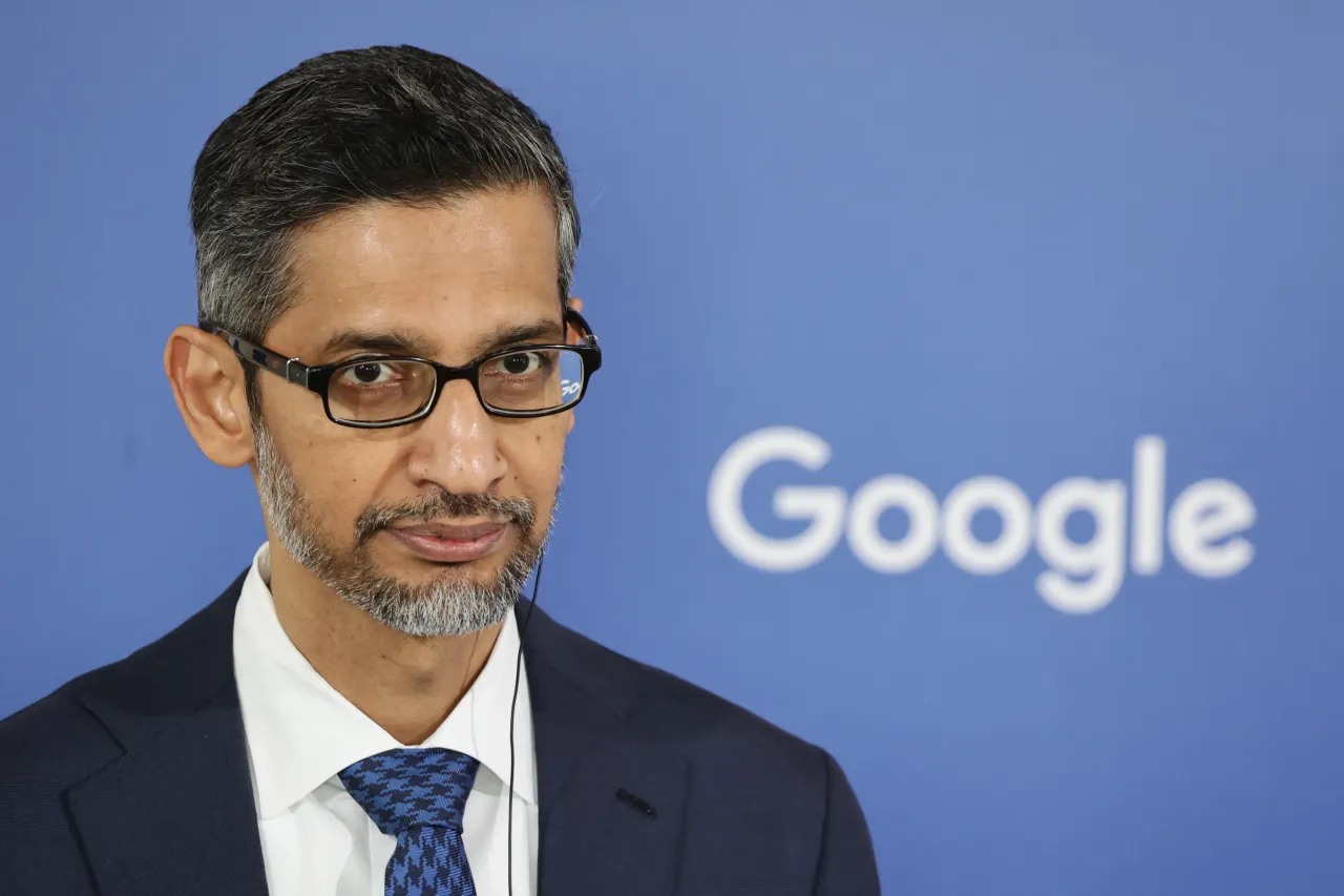 Google CEO Sundar Pichai during the press conference after his meeting with Polish PM Donald Tusk in Warsaw, Poland on February 13, 2025. (Photo by Jakub Porzycki/NurPhoto via Getty Images)