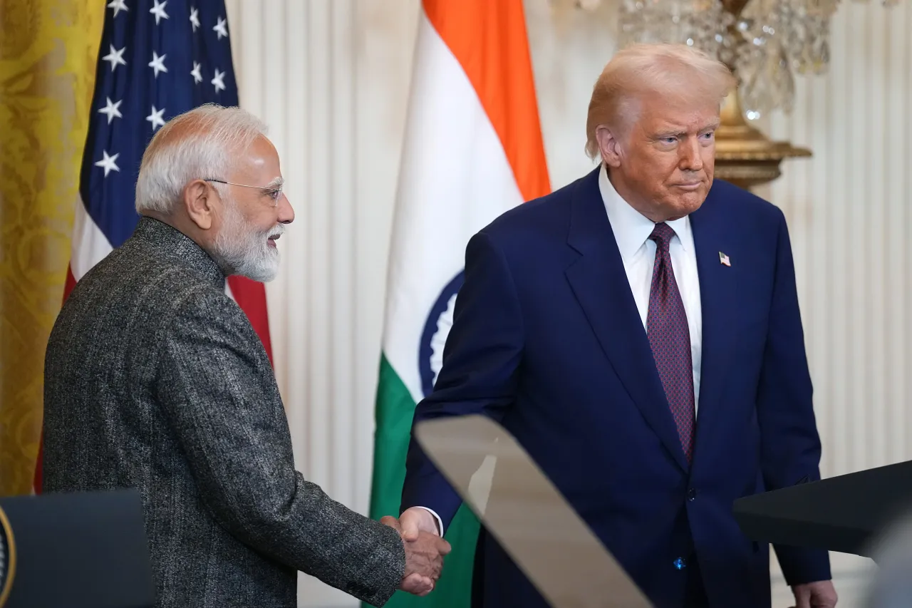 U.S. President Donald Trump (R) and Indian Prime Minister Narendra Modi at a joint press conference at the White House on February 13, 2025. (Photo by Andrew Harnik/Getty Images)