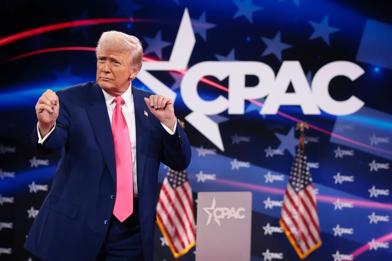 U.S. President Donald Trump dances on stage after speaking at the Conservative Political Action Conference (CPAC) at the Gaylord National Resort Hotel and Convention Center on February 22, 2025 in Oxon Hill, Maryland. (Photo by Win McNamee/Getty Images)