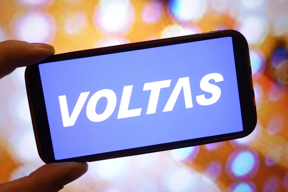In this photo illustration, the Voltas Limited company logo is seen displayed on a smartphone screen. (Photo Illustration by Piotr Swat/SOPA Images/LightRocket via Getty Images)