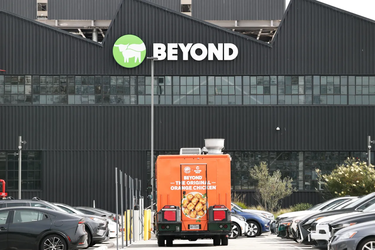 The Beyond Meat logo is displayed at Beyond Meat headquarters on February 27, 2025 in El Segundo, California. (Photo by Mario Tama/Getty Images)