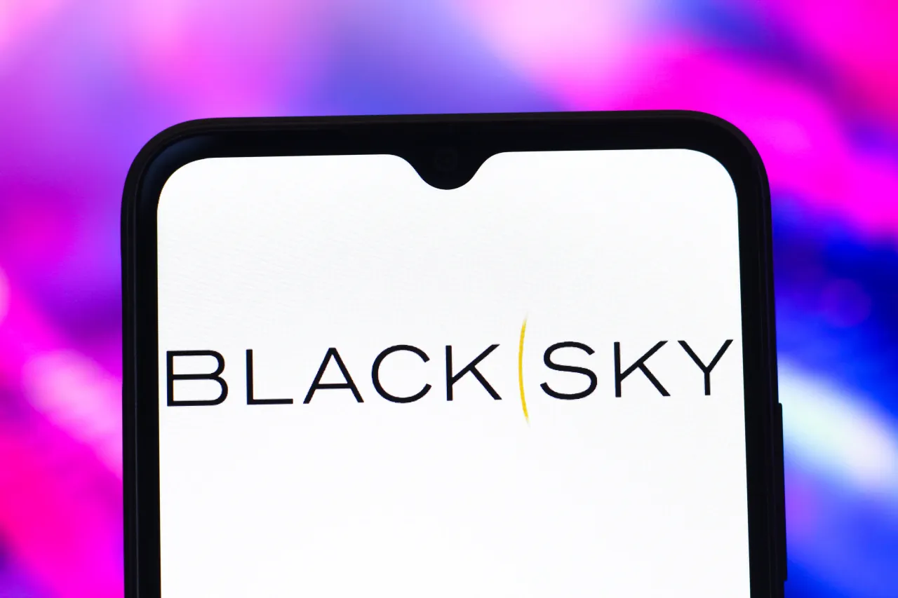 In this photo illustration, the BlackSky Technology logo is seen displayed on a smartphone screen.