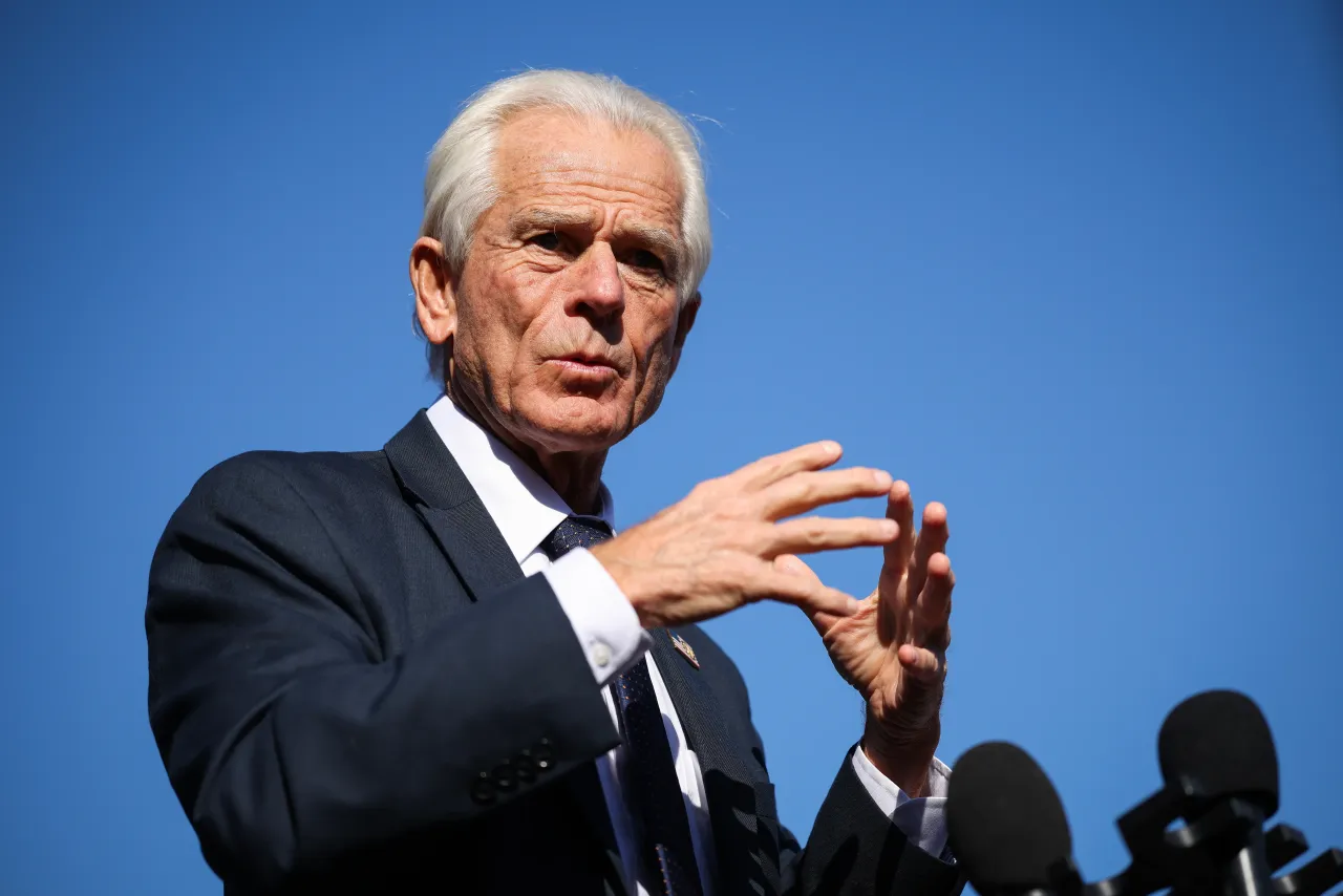  Trade advisor to U.S. President Donald Trump Peter Navarro speaks to press outside of the White House on March 12, 2025 in Washington, DC. Navarro spoke about the current economy and trade. 