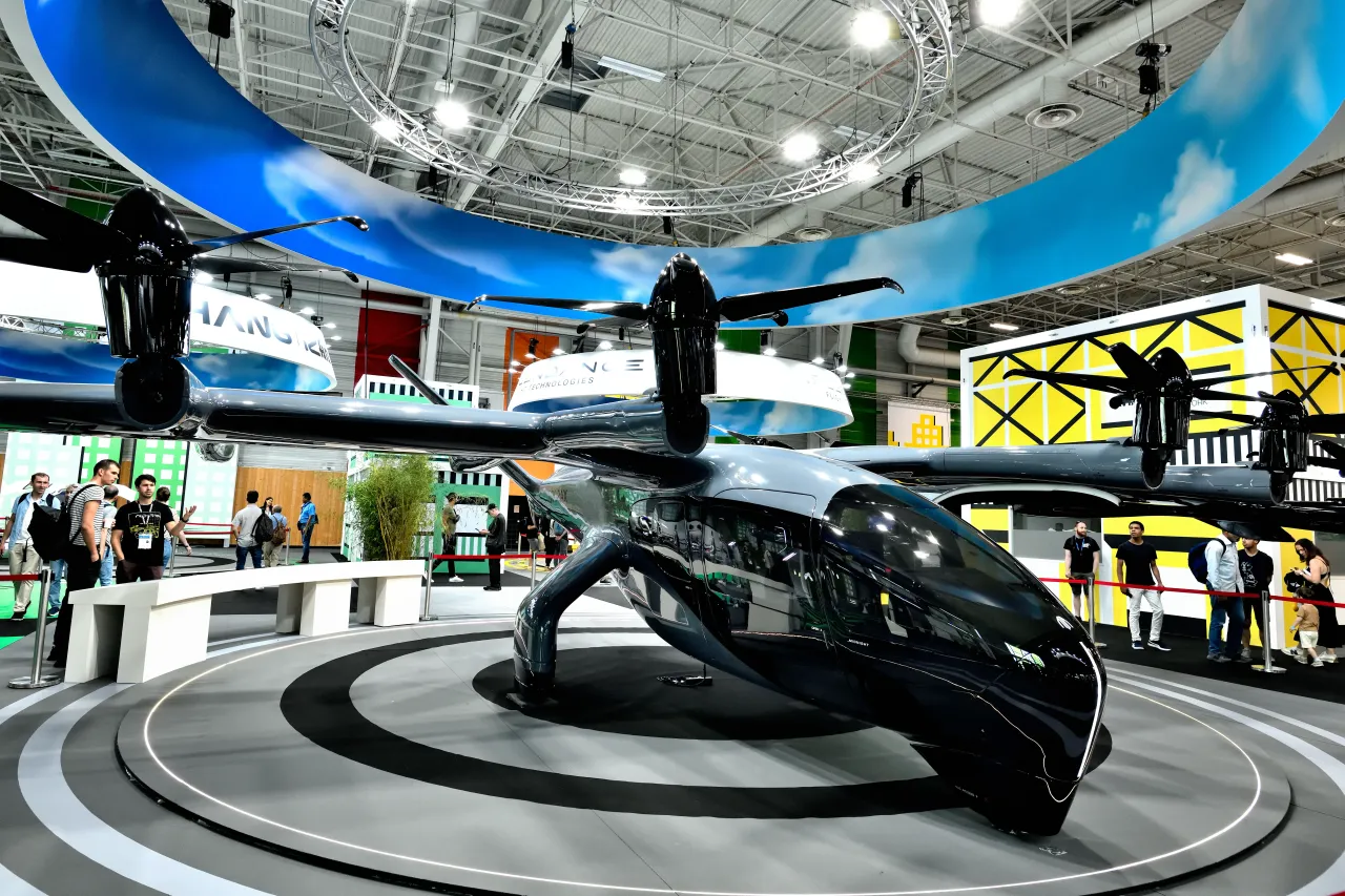 The Midnight electric vertical takeoff and landing (EVTOL) aircraft from the American company Archer Aviation at the 54th International Paris Air Show (SIAE) on June 23, 2023 at Le Bourget. (Photo by Thierry NECTOUX/Gamma-Rapho)