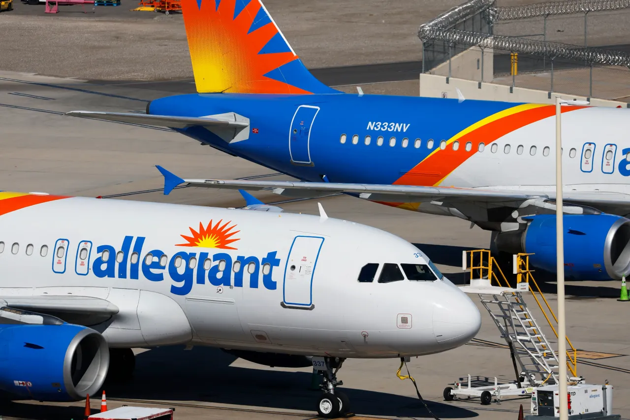  Allegiant Air Airbus A319 aircraft are parked at Harry Reid International Airport on March 15, 2025 in Las Vegas, Nevada. (Photo by Kevin Carter/Getty Images)