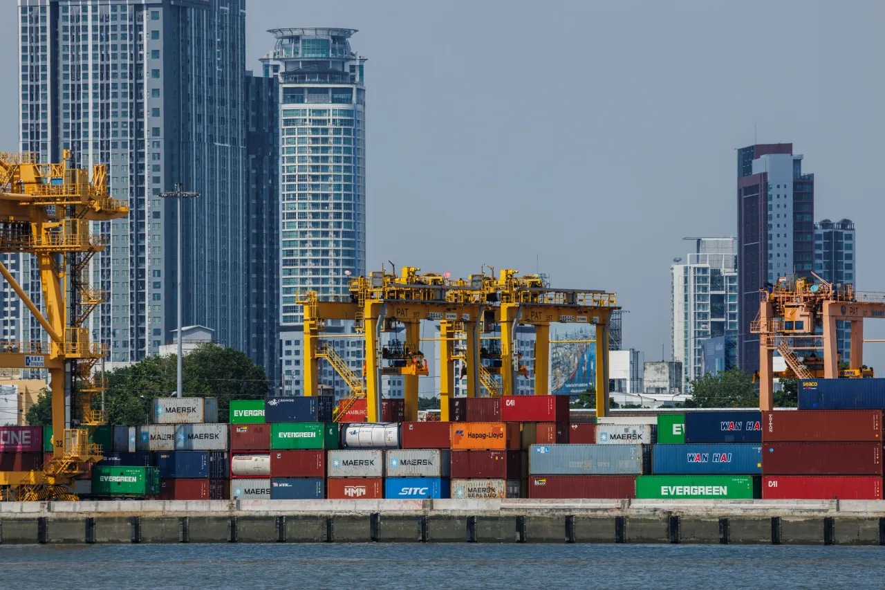 Cargo shipping containers are stacked at the Port Authority of Thailand on April 04, 2025 in Bangkok, Thailand. (Photo by Lauren DeCicca/Getty Images)