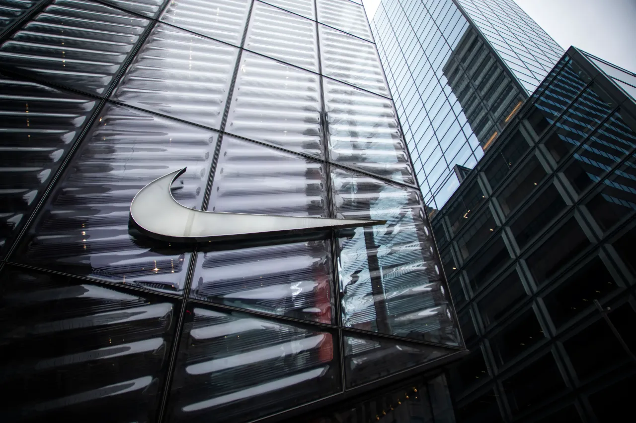 The Nike logo outside a store on the Fifth Avenue in New York City. U.S. (Photo by Zamek/VIEWpress)