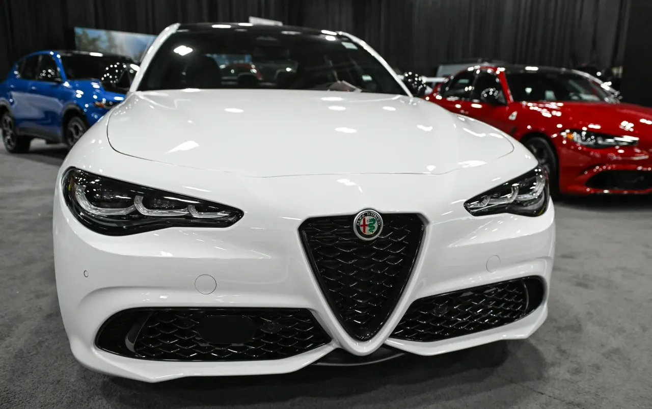 A new Alfa Romeo Giulia on display at the Edmonton Motor Show on April 13, 2025, in Edmonton, Alberta, Canada. (Photo by Artur Widak/NurPhoto via Getty Images)