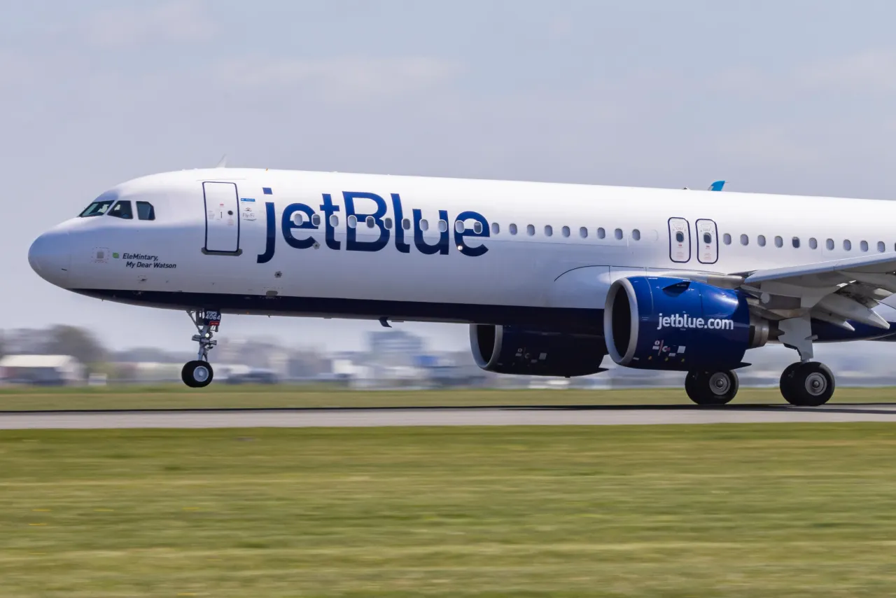 JetBlue Airbus A321neo passenger aircraft spotted departing from the runway of Amsterdam Schiphol Airport in the Netherlands on April 10, 2025.