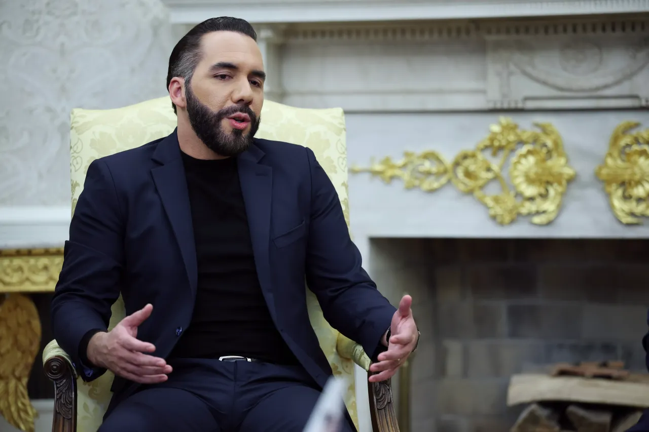 President Nayib Bukele of El Salvador meets with U.S. President Donald Trump in the Oval Office of the White House April 14, 2025 in Washington, DC.