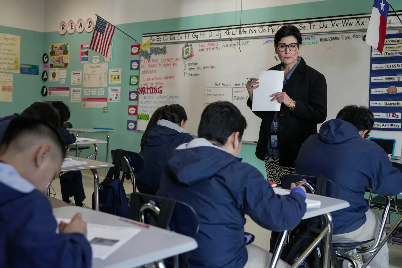 A teacher teaches a class at a school in Houston. (Raquel Natalicchio/Houston Chronicle via Getty Images)