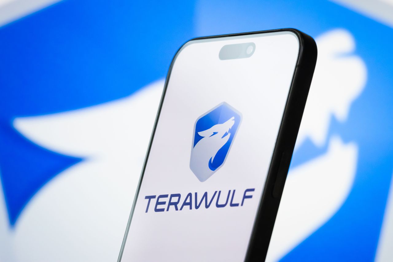 In this photo illustration, the logo of TeraWulf Inc. is displayed on a smartphone screen, with the company's blue wolf-themed branding visible in the background, on May 06, 2025, in Chongqing, China. TeraWulf is an American sustainable bitcoin mining company focused on using zero-carbon energy sources to power its operations. (Photo illustration by Cheng Xin/Getty Images)