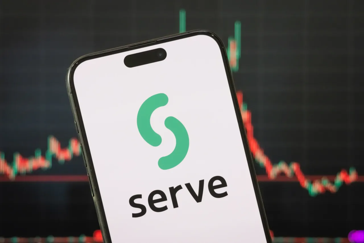 In this photo illustration, the logo of Serve Robotics Inc. is displayed on a smartphone screen with a stock market chart in the background, on May 6, 2025, in Chongqing, China. (Photo illustration by Cheng Xin/Getty Images)