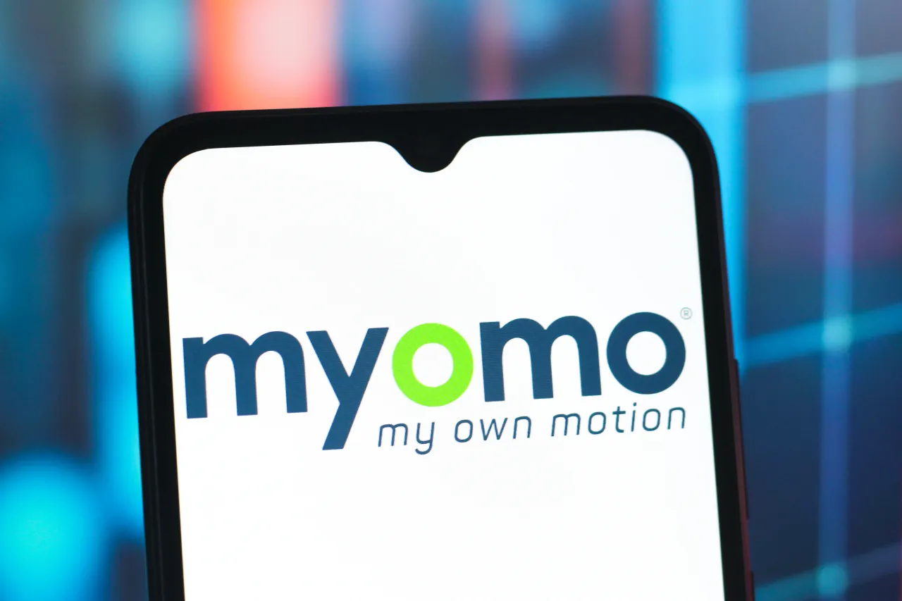 In this photo illustration, the Myomo logo is seen displayed on a smartphone screen. (Photo Illustration by Thomas Fuller/SOPA Images/LightRocket via Getty Images)