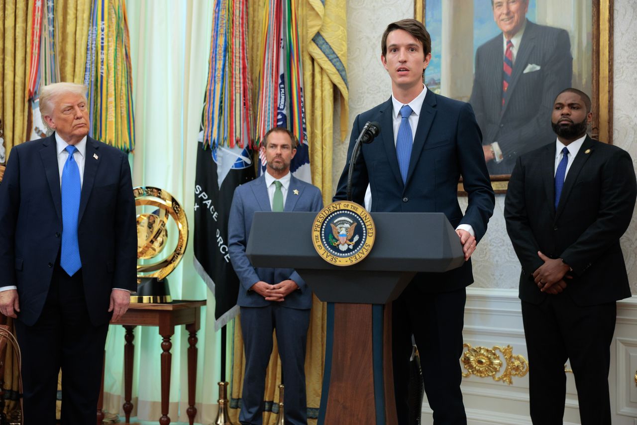 Alexandre Arnault speaks about Medals of Sacrifice during a ceremony with U.S. President Donald Trump on November 21, 2024.