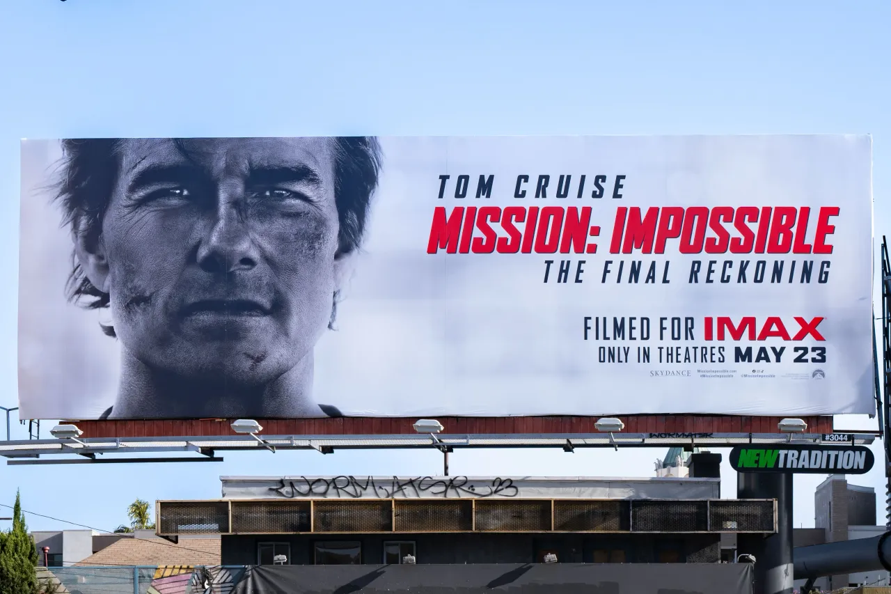 A billboard near Hollywood & Highland promotes the new Tom Cruise movie 'Mission: Impossible The Final Reckoning' on May 23, 2025 in Hollywood, California. 