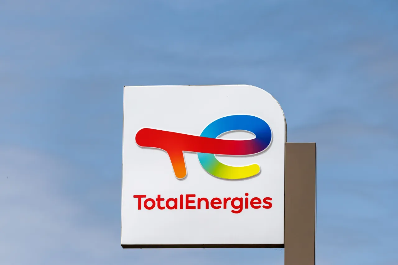 The brand logo of the energy company TotalEnergies SE can be seen at a filling station of the company near Prunelli-di-Fiumorbo on the island of Corsica.