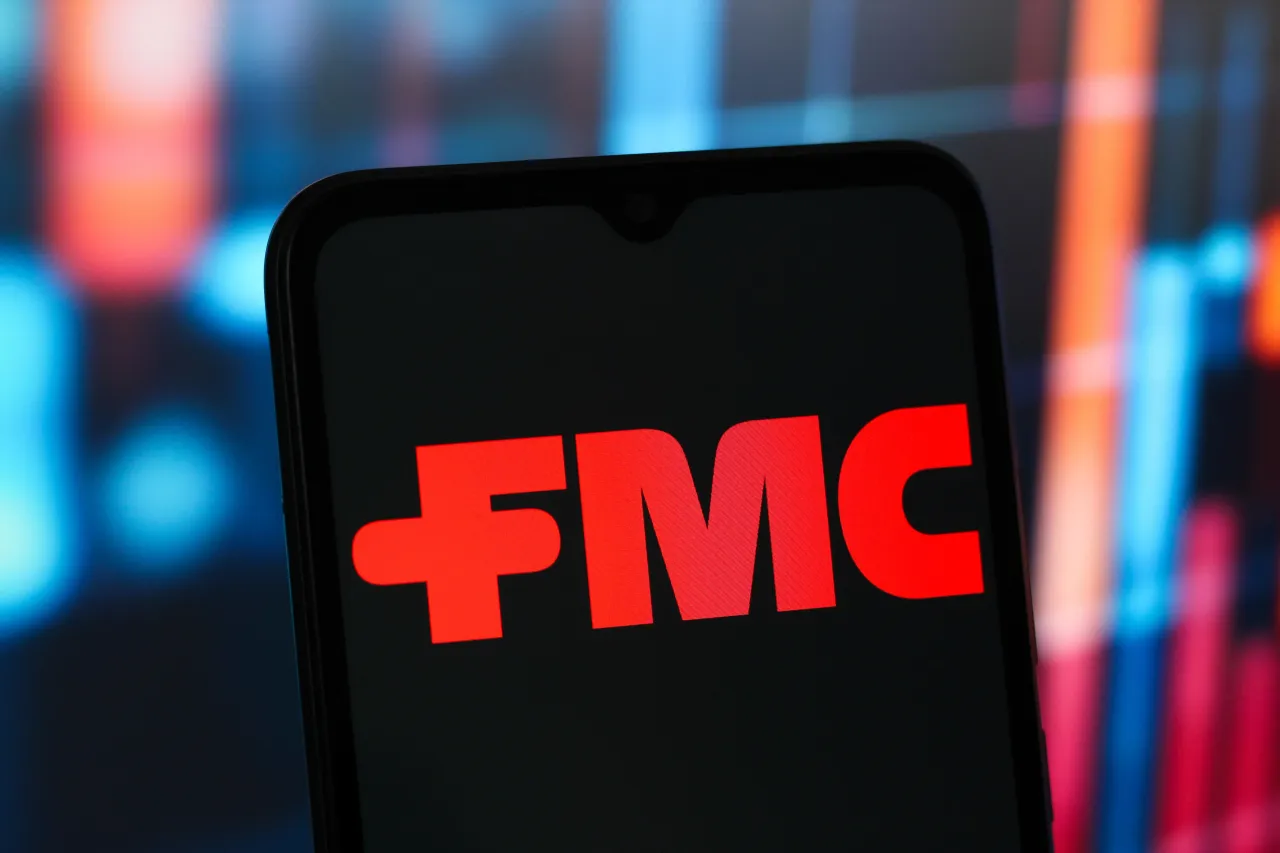 In this photo illustration, the FMC Corporation logo is seen displayed on a smartphone screen. (Photo Illustration by Thomas Fuller/SOPA Images/LightRocket via Getty Images)