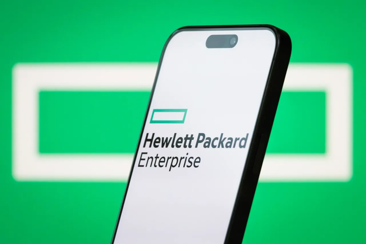  In this photo illustration, the logo of Hewlett Packard Enterprise Company (HPE) is displayed on a smartphone screen.