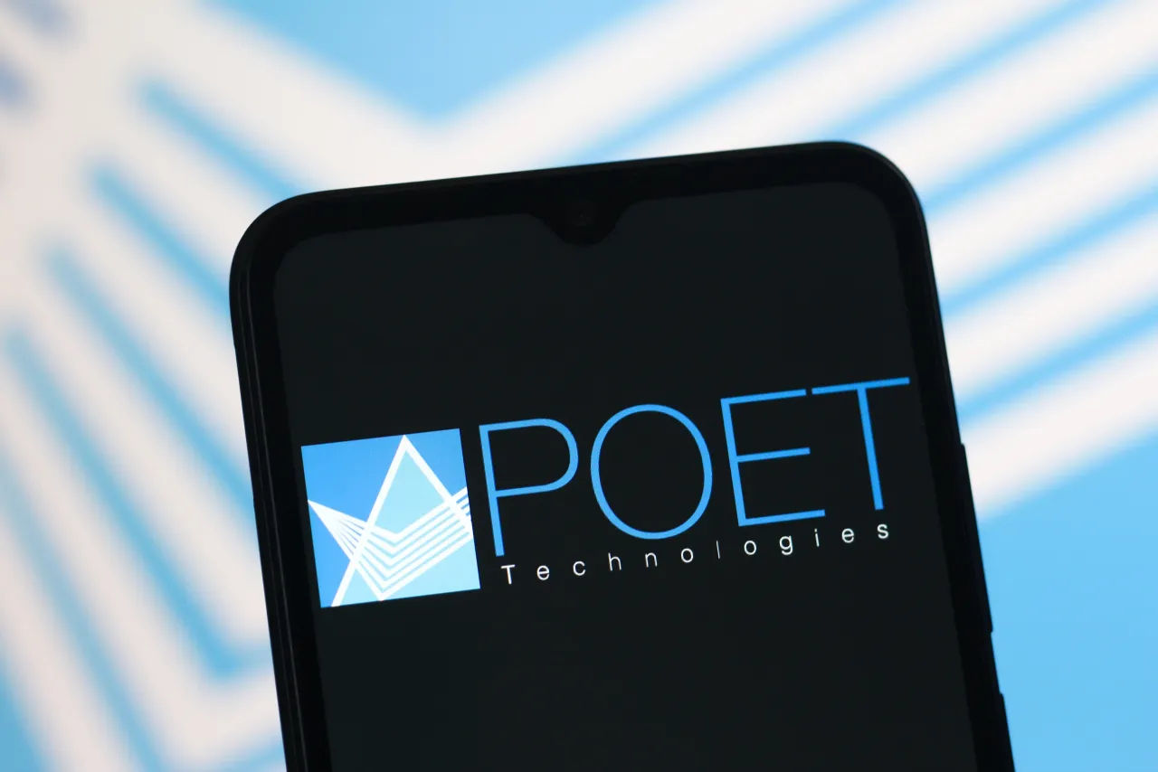 Poet Technologies logo displayed on a smartphone screen. The company's stock rose over 23% on Tuesday (Photo Illustration by Thomas Fuller/SOPA Images/LightRocket via Getty Images)